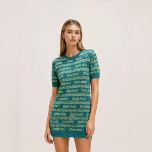 Miu Miu wool blend mini sweater dress featuring an all-over logo pattern